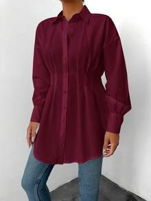 EURMUSE Cotton Drop Shoulder Fold Pleated Curved Hem Shirt - Burgundy - View 4