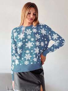 EURMUSE Women's Snowflake Pattern Round Neck Drop Shoulder Long Sleeve Casual Sweater - Baby Blue - View 3