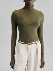 Ontre 2026春夏新款斯德哥尔摩风格，女教师套装，当季女装，网纱面料，四向弹力，百搭休闲装，2025新款，夏季女装，杏色雪纺衬衫，女士上衣，透视上衣，当季上衣，橄榄绿上衣，高领上衣，卡其色上衣，紧身上衣，现代都市休闲时尚，商务休闲，女士办公室着装，低调复古风，轻松优雅，高端都市通勤，高品质机场时尚，优质面料 - 綠色 - 查看 5