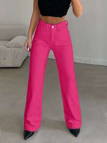 EURMUSE Women's Casual Straight Leg Solid Color Jeans, Suitable For Everyday Wear - Berwarna merah muda - View 5
