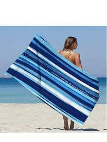 SHEIN 1条蓝色抽象条纹印花沙滩巾 - 大号，超柔软，速干，现代设计，适合海滩、游泳和夏季探险，轻盈涤纶材质，必备沙滩巾，旅行必备，旅行配件，沙滩必备 - 藍色 - 查看 3