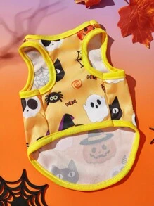 1 件宠物猫狗通用万圣节黄猫鬼骷髅南瓜卡通图案印花可爱、时尚、透气、舒适的狗背心，适合万圣节派对，PETSIN 原创设计 - 彩色 - 查看 6