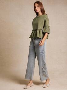 WESTFADE 竹节针织圆领荷叶边袖荷叶边 T 恤，回到学校可爱秋季乡村音乐会 - 綠色 - 查看 5