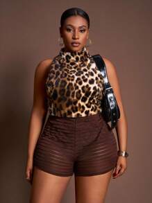 Slaydiva Conjunto de 2 piezas de mujer con top sin mangas de terciopelo con estampado de leopardo y textura marrón, y shorts cortos. Nuevo otoño/invierno 2025, estilo callejero, para salidas, trabajo, oficina, aeropuerto, fiesta, elegancia, cóctel, punk, San Valentín, moda picante - Multicolor - Ver 6