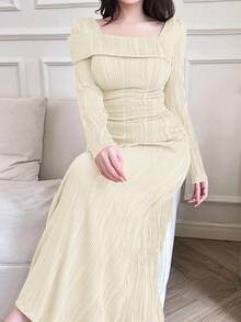 Modelyn 女士纯色方领长袖纹理修身优雅阿拉伯风格连衣裙长款晚礼服 - 杏色 - 查看 6