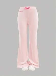 SHEIN Girlism 2 件套青少年女孩休闲运动图案文字和位置印花丝带蝴蝶结装饰修身喇叭裤套装，黑色和灰色，秋冬 - 淺粉色 - 查看 6