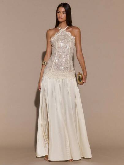 SHEIN BAE Apricot Lace Sexy Elegant Satin Patchwork Backless Dress, Formal Occasion, Cocktail Party, Elegant Long Gown, Autumn/Winter,Prom Dress,Fall Wedding Guest Dress, Sequin Dress,Valentine's Day,Valentine Outfits For Women