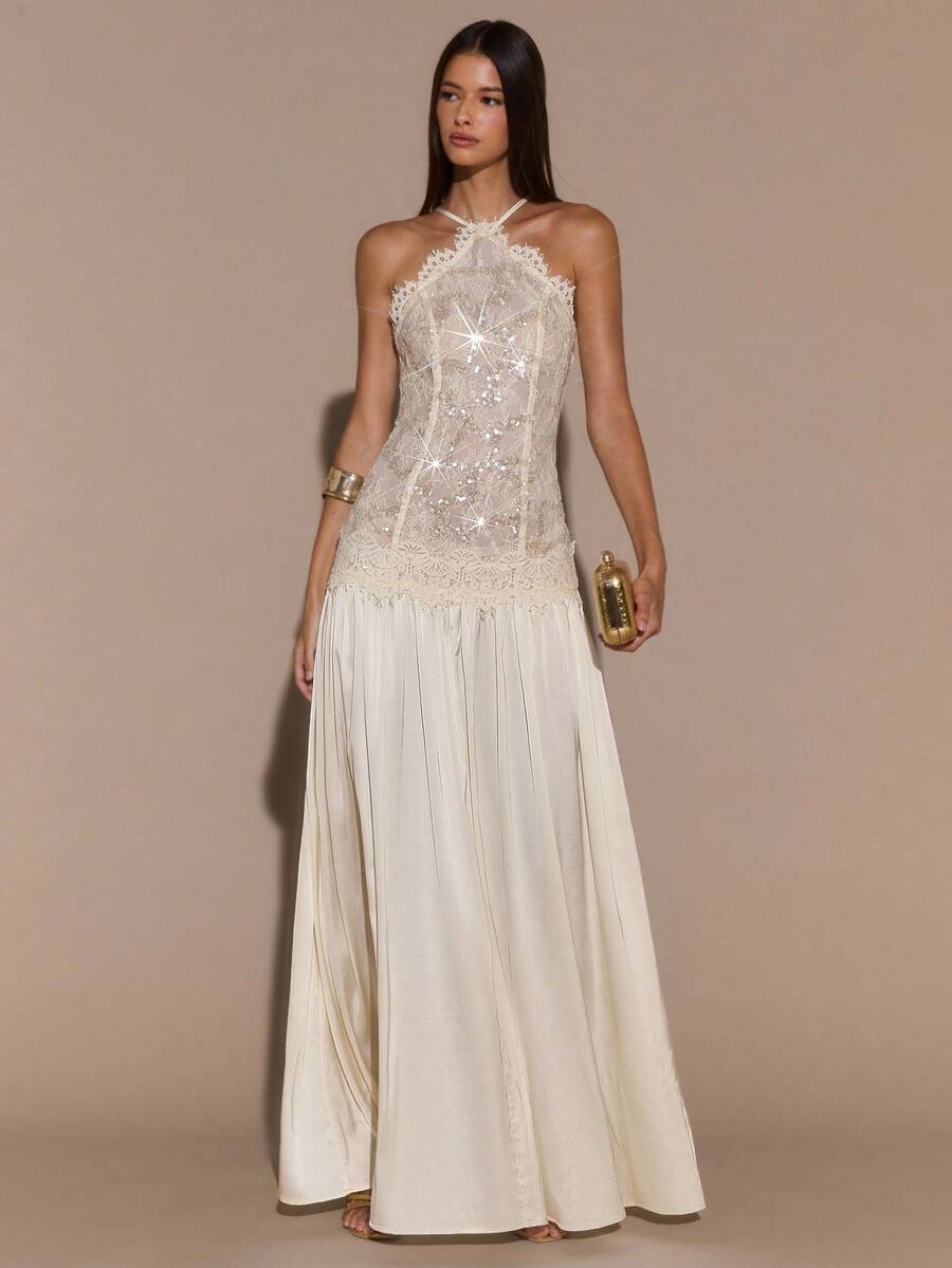 SHEIN BAE Apricot Lace Sexy Elegant Satin Patchwork Backless Dress, Formal Occasion, Cocktail Party, Elegant Long Gown, Autumn/Winter,Prom Dress,Fall Wedding Guest Dress, Sequin Dress,Valentine's Day,Valentine Outfits For Women - Apricot - View 1