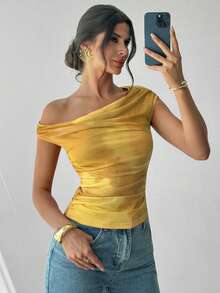 Firerie Women's Asymmetrical Neck Ombre Print Ruched T-Shirt, Asymmetric Shoulder Yellow Top, Suitable For Spring/Summer, Beach, Commute, Elegant, Sexy, Vacation, Bohemian, Hawaii, Music Festival, Romantic, Date - Yellow - View 1