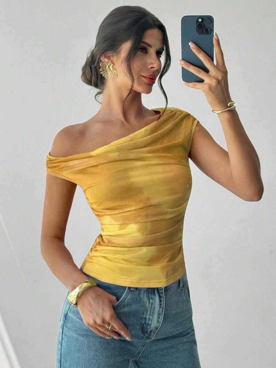 Firerie Women's Asymmetrical Neck Ombre Print Ruched T-Shirt, Asymmetric Shoulder Yellow Top, Suitable For Spring/Summer, Beach, Commute, Elegant, Sexy, Vacation, Bohemian, Hawaii, Music Festival, Romantic, Date - Yellow - View 1