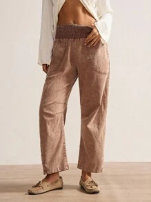 Bohemela 女士休闲纯色梭织宽松低腰裤，秋冬波西米亚风 - 棕色 - 查看 5