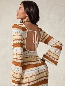 Boho Mama Pregnant Women's Striped Front Tie Long Sleeve Hollow Out Knit Dress - Multicolor - View 5