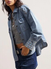 Bohemela BOHO Western Cowgirl Country Vacation Casual Solid Color Rivet Woven Denim Jacket - Baby Blue - View 9