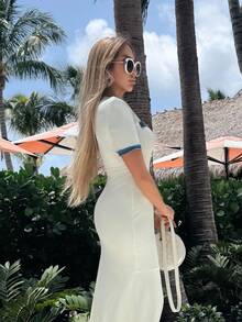 Cioccolato Summer Contrasting Women's Elegant Dress - Apricot - View 3