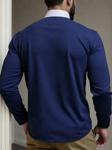 Manfinity Homme 秋季大码男士休闲撞色领长袖 Polo 衫 - 藏蓝色 - 查看 2