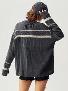Bohemela Women's Vacation Casual Washed Contrast Lace Blouse,Ladies Long Sleeve V Neck Oversized Dark Grey Drop Shoulder Women Blouses,Spring/Fall Daily Wear - Dark Grey - View 4