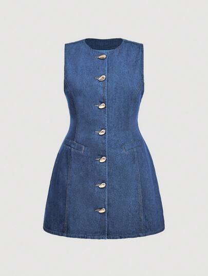 SHEIN MOD 大码女装夏季单排扣圆领无袖休闲牛仔连衣裙，女士连衣裙，女士夏装，商务休闲牛仔连衣裙