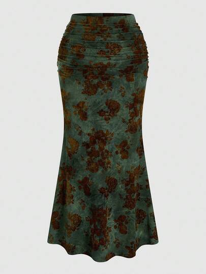 SHEIN Tall CURVE 复古浪漫花卉印花简约紧身铅笔裙