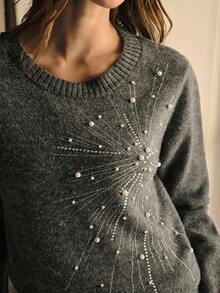 MOTF PREMIUM RHINESTONE AND FAUX PEARLS DETAIL SWEATER - Grey - View 3