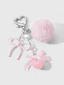ROMWE Kawaii 1pc Elegant Sweet Minimalist Fashion Collegiate Style Faux Pearl Resin Heart Chain Ribbon Acrylic Bow Pom-Pom DIY Keychain Bag Charm, Suitable For Women, Daily Wear, Holiday Gift - Pink - View 5