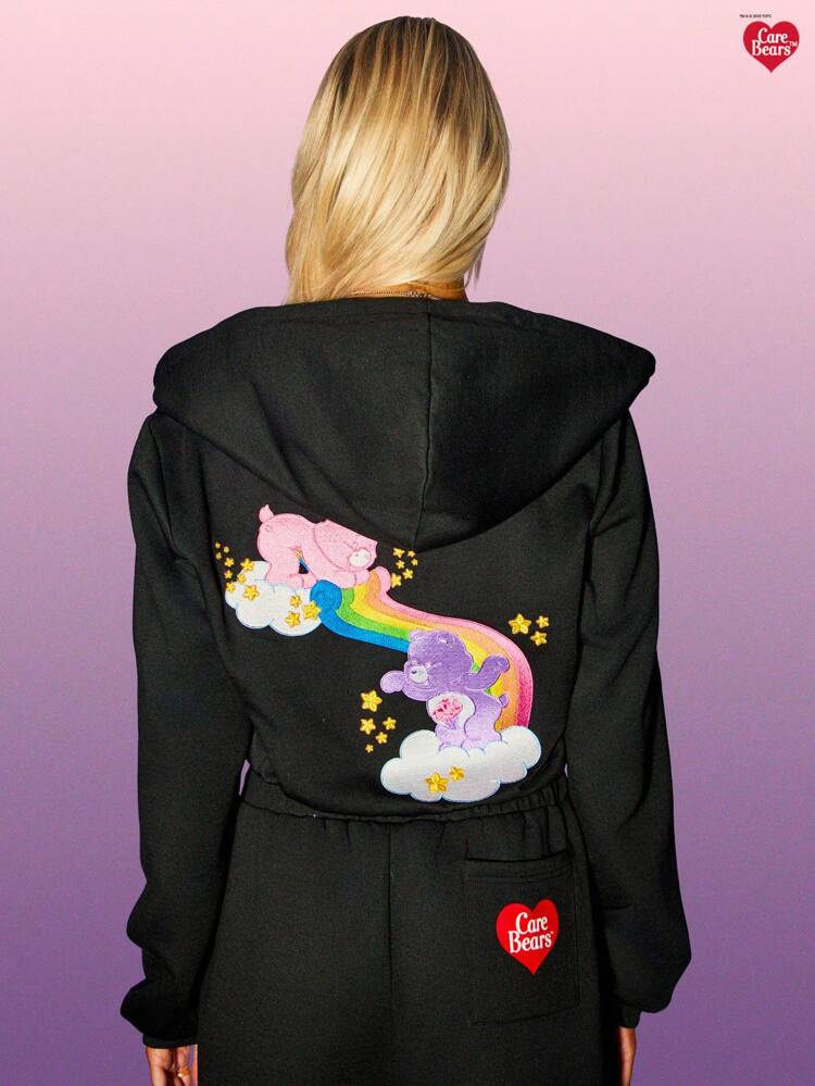 MISSGUIDED Y2K Crop Hoodie Sweatshirt Full Zip Rainbow Back Print Character Design Loungewear Cute Casual Sweet Lounge Winter Fall Streetwear