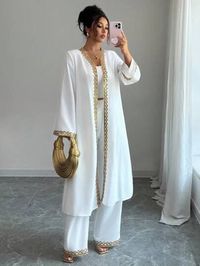 Elenzga Women's Gold Lace Patchwork Loose Fit Long Casual Elegant Two Pieces Outfit, Suitable For Outing, Daily Wear, Autumn Fall Cloth For Women