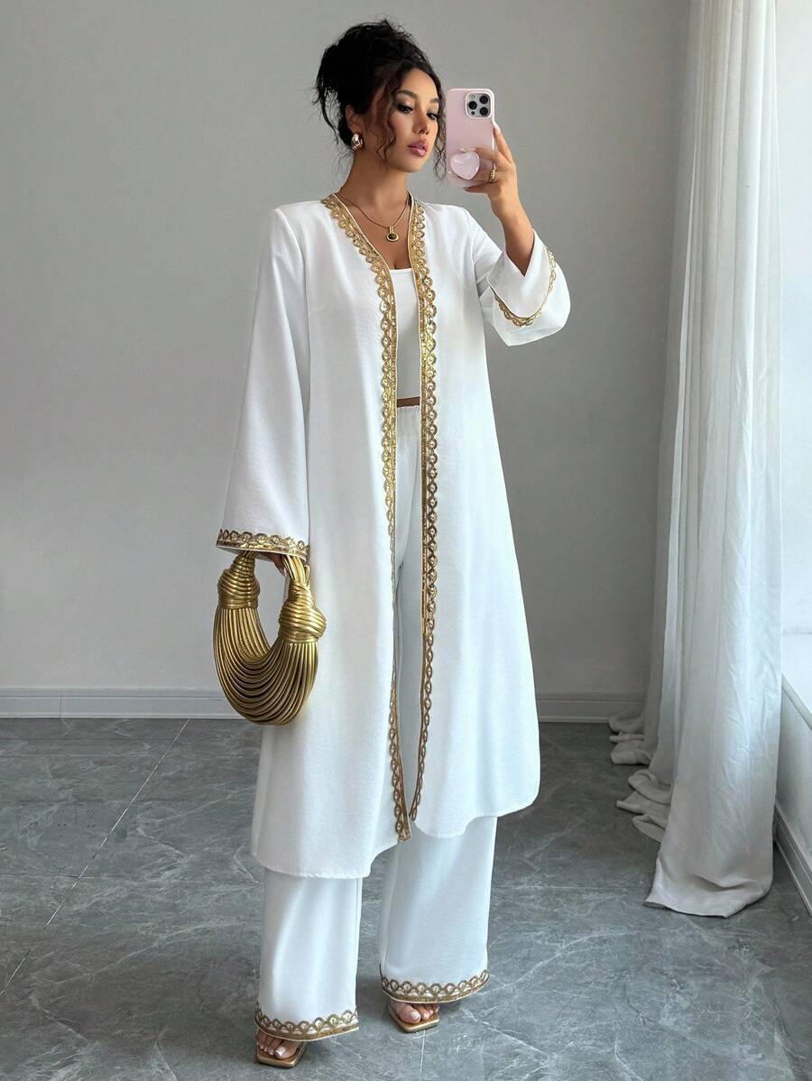 Elenzga 女士金色蕾丝拼接宽松长款休闲优雅两件套服装，适合外出、日常穿着、秋季 - 白色 - 查看 1