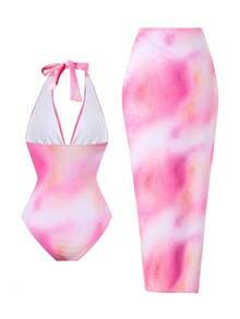 Swim Oasis 2件套女士优雅粉色扎染海星印花连体泳衣和沙滩裙套装，夏季 - 粉色 - 查看 2