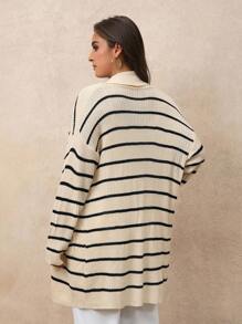 Juhart Cardigan rayé à épaules tombantes en tricot décontracté bicolore pour femmes grande taille - Nude - Voir 2