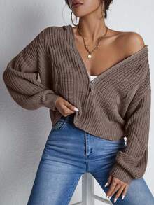 Cardigan a maglia con chiusura lampo, tinta unita, minimalista, adatto per uso quotidiano, da donna