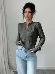 EURMUSE 女士纯色简约短款长袖毛衣，日常穿着 - 深灰色 - 查看 4