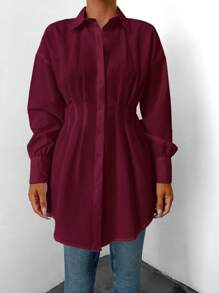 EURMUSE Cotton Drop Shoulder Fold Pleated Curved Hem Shirt - Burgundy - View 5
