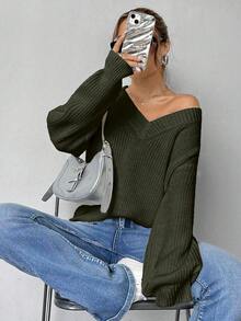 Maglione oversize da donna a maniche lunghe con scollo a V, tinta unita