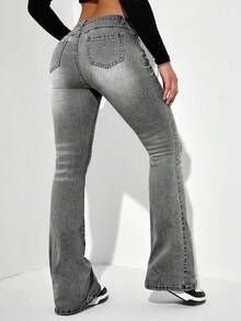 EURMUSE Quần jeans ống loe bỏ túi thời trang thường ngày dành cho nữ - Màu Xám nhạt - Xem 3