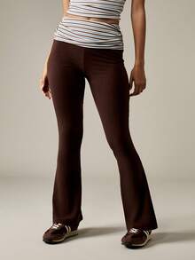 MISSGUIDED High Waisted Flare Leggings Brown Fall Winter Bell Bottom Yoga Pants Retro Y2K Fashion Fold Over Waistband Stretch Pants Bottoms - Multicolor - View 1