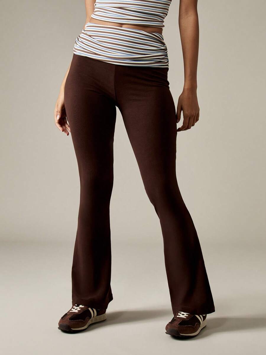 MISSGUIDED High Waisted Flare Leggings Brown Fall Winter Bell Bottom Yoga Pants Retro Y2K Fashion Fold Over Waistband Stretch Pants Bottoms - Multicolor - View 1