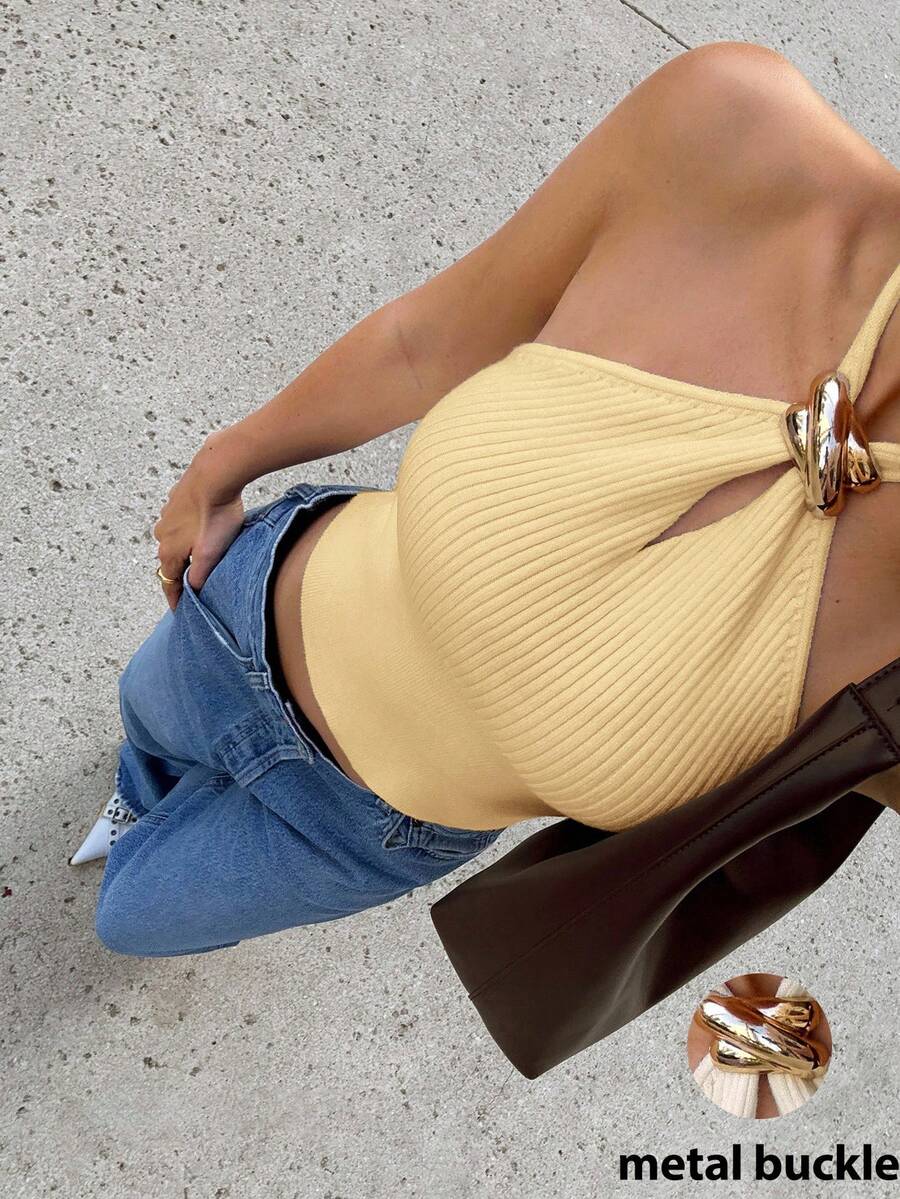 Siren Gaze Áo len hở vai trang trí kim loại mới 2025 dành cho nữ - Màu vàng - Xem 1