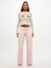 SUMWON WOMEN Quần jeans ống rộng cạp cao phong cách Y2K cổ điển, vừa vặn, thời trang - Hồng - Xem 7