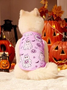 1 件宠物猫狗通用万圣节粉色幽灵可爱卡通图案印花时尚透气舒适狗背心，PETSIN 原创设计 - 彩色 - 查看 2