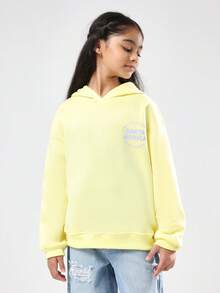 SUMWON sweat-shirt à capuche graphique en French Terry de Santa Monica, Californie, Sweat-shirt-shirt pastel jaune avec lettrage au dos, pour le port casual des filles au printemps - Jaune citron - Voir 2