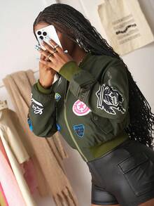 Slaydiva Women's Dark Green Windbreaker Jacket,Autumn Streetwear Everyday Back-To-School Sporty Collegiate Style,Short Long Sleeve Casual Military Jacket - Army Green - View 4