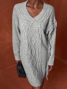 Zivah Robe en tricot à col en V avec franges torsadées grise pour femmes, style décontracté ample, automne/hiver - Gris - Voir 5