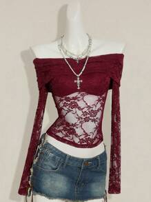SHEIN ICON 女式酒红色蕾丝露肩性感紧身长袖半透明衬衫 - 酒紅色 - 查看 3