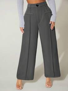 SHEIN PETITE 實色縫線前開衩寬褲 - 灰色 - 查看 3