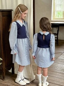 LMoss Kids LMoss 青少年女孩海軍藍白條紋長袖洋裝，可愛法式領口休閒校服裙，秋季返校青少年服飾 - 藍白色 - 查看 2