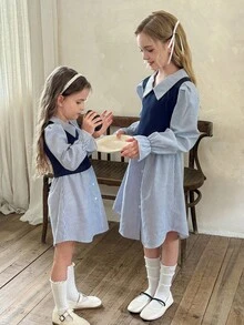 LMoss Kids LMoss 青少年女孩海軍藍白條紋長袖洋裝，可愛法式領口休閒校服裙，秋季返校青少年服飾 - 藍白色 - 查看 4