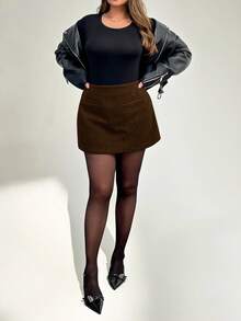 Auralis Plus Size Ladies Autumn And Winter Fashion Elegant And Comfortable Daily Basic Versatile Slim Brown Skirt With Lining Shorts,Fall,Winter Skirt - Coffee Brown - View 2