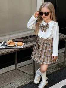 Bộ 2 áo nỉ cổ bẻ phối nơ xinh xắn và chân váy xếp ly kẻ caro cạp chun co giãn, chất liệu vải dệt kim thoải mái, phù hợp cho mùa xuân và mùa thu - trắng - Xem 3