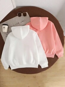 SHEIN 2 件套青少年女孩休闲可爱日常舒适简约针织连帽长袖运动衫，适合外出、上学、聚会、秋冬 - 淺粉色 - 查看 2