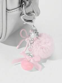 ROMWE Kawaii 1pc Elegant Sweet Minimalist Fashion Collegiate Style Faux Pearl Resin Heart Chain Ribbon Acrylic Bow Pom-Pom DIY Keychain Bag Charm, Suitable For Women, Daily Wear, Holiday Gift - Pink - View 4